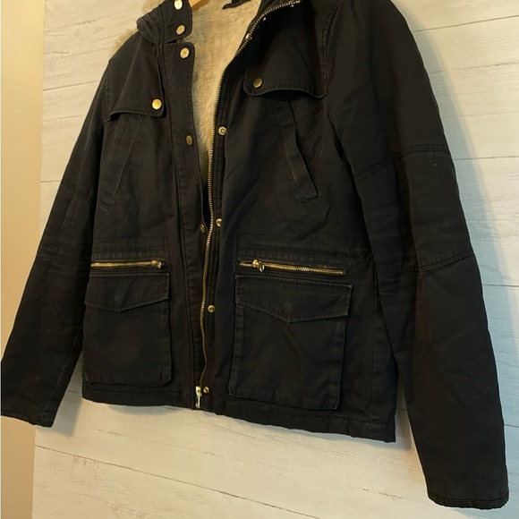 TOP SHOP Women Black Cotton Hooded Parka Jacket Sz 14 Faux Fur Lined Gold Zipper - Picture 9 of 13